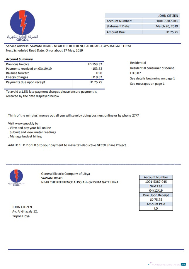 download Libya General Electric Company electricity utility bill template in Word and PDF format PDF template